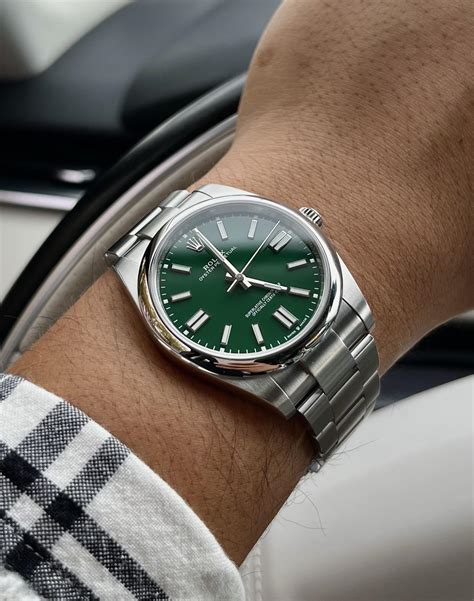 rolex oyster perpetual green on wrist|Rolex Oyster Perpetual 41 prix.